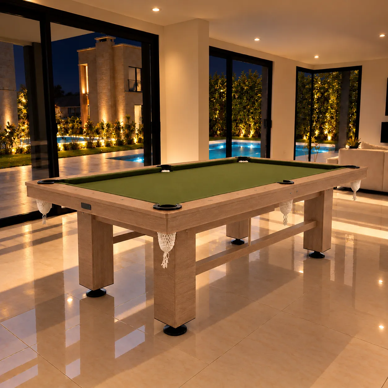 Mesa de pool 3 en 1 Olmo Finlandés con paño oliva en un living de noche